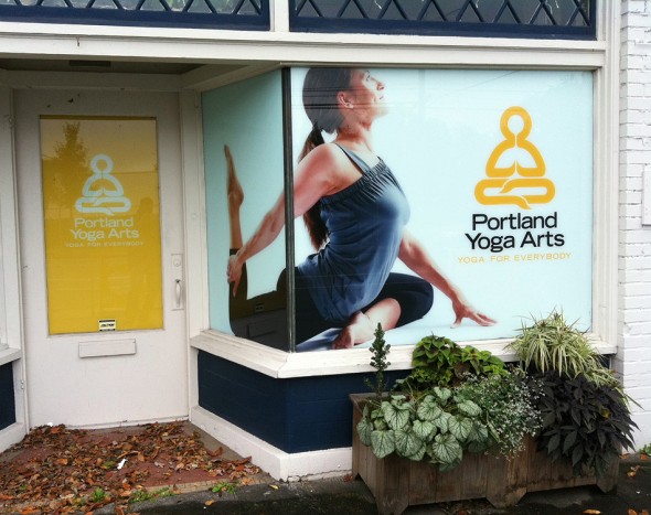 close up detail of large photo murals at Portland Yoga Arts